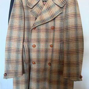 Classic Tan Plaid Double-Breasted Pea Coat